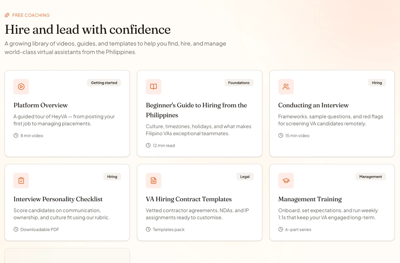 HeyVA coaching resources showing platform overview, hiring guides, interview checklists, contract templates, and management training