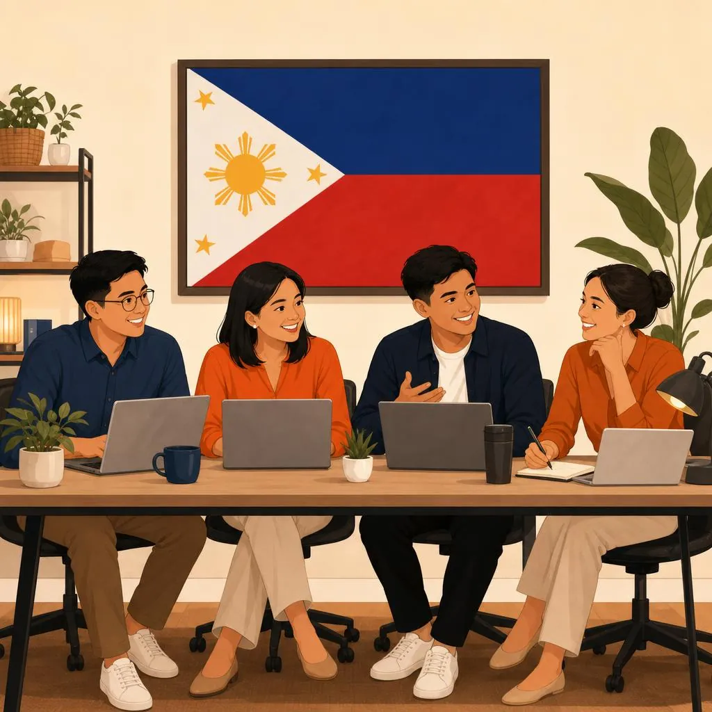 Filipino remote team working together at a desk with laptops and the Philippines flag behind them
